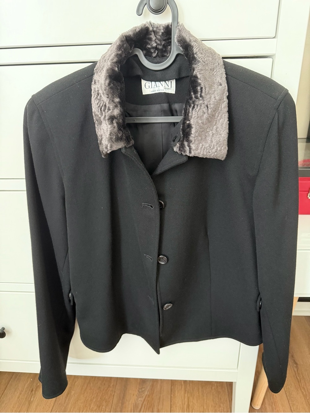 GIANNI SPORT Vintage 100% Wool Black Blazer Jacket Removable Faux Fur Collar